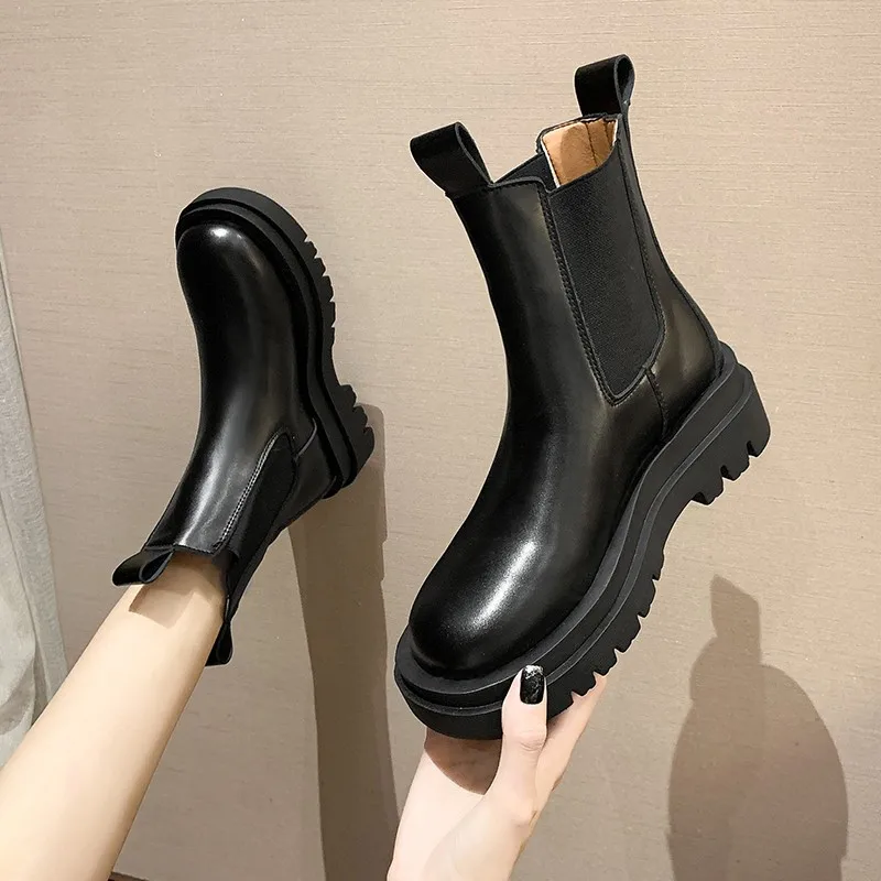 

2020 Women Chunky Heel Ankle Boots Woman Shoes Autumn Chelsea Boots Female Platform Slip-On Boots Lasdies Fashion Shoes