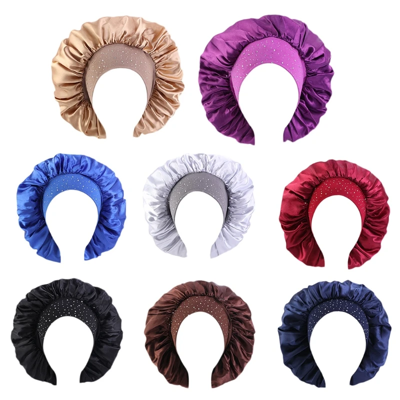 

Rhinestone Beading Extra Large Bonnet Sleep Cap Silky Satin Night Hat Head Cover L41B