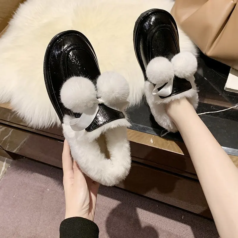 Fashion Winter Snow Boots Women Butterfly-knot Hairball Slip-On Round Toe Low (1cm-3cm) Flat with Plush Thicken High Quality PU