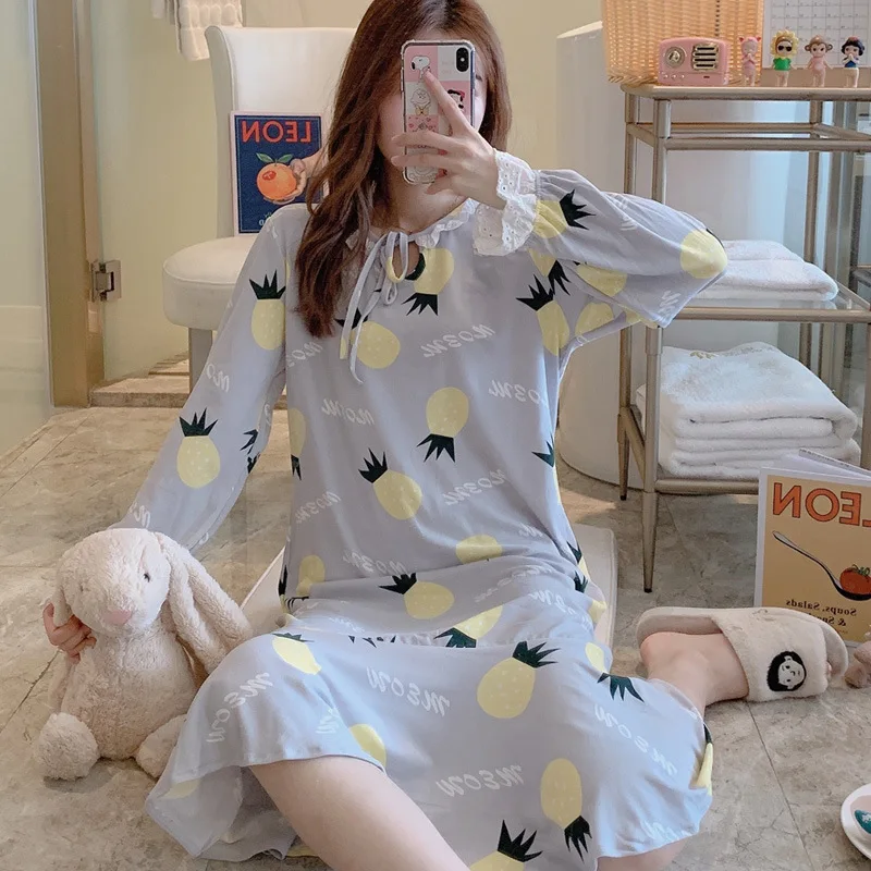 

Cute Bow Sleepwear Women Nightgown Autumn Winter Long Sleeve Sleepwear Avocado Print Ladies Casual Night Dress Oversize Homewear
