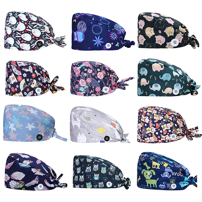

Surgicals Caps Printing Adjustable Cotton Work Cap Beautician Accessories Tieback Elastic Beauty Salon Work Hat Nurse Scrubs Cap