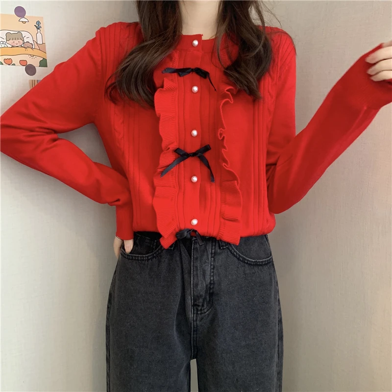 

Spring Autumn 2021 Women White/Red/Black Knit Cardigans Female Elegant Single Breasted O-Neck Casual Sweater Vintage Jumper New