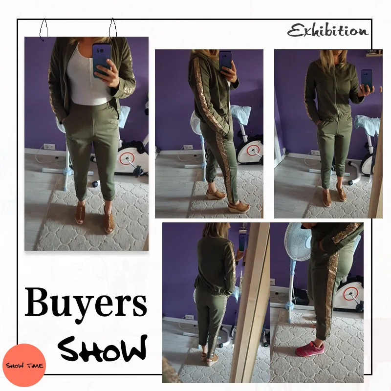 Side Sequined Tracksuit For Women Two Piece Set Autumn Zipper Long Sleeve Patchwork Sports Streetwear Women's Tracksuits