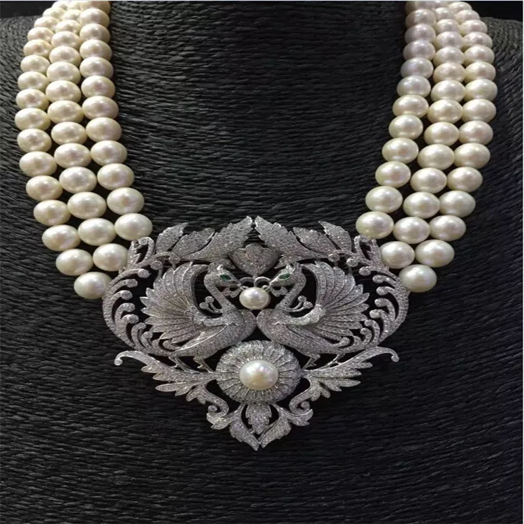 3rows natural 8-9mm white freshwater pearl Hand knotted micro inlay zircon accessories necklace fine jewelry
