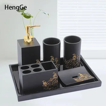 Resin Bathroom Decoration Accessories Six-piece Suit High-end Gold Stroke Toothpaste Dispenser Toothbrushing Cup Wash Suit