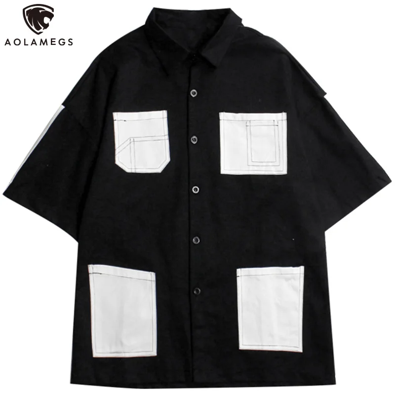 

Рубашка-карго Aolamegs Мужская составного кроя, уличная одежда в японском стиле, уютная футболка с коротким рукавом, летняя одежда в стиле Харад...