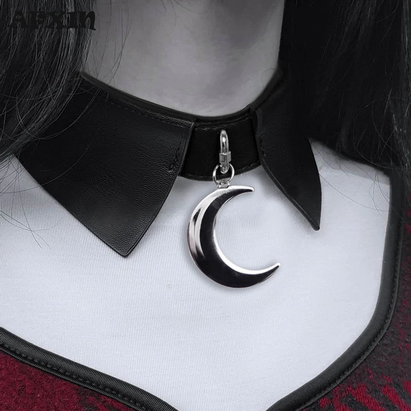 Gothic Punk Choker Women Pu Leather Necklace Moon Pendant Collier Club Party Short Goth Jewelry Charm Rock Turn Down Collar Belt | Украшения