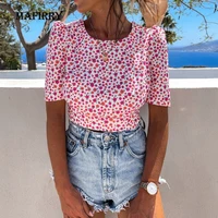 summer sexy women backless lacing up blouse short puff sleeve round neck print tops lady colorful casual shirts streetwear blusa