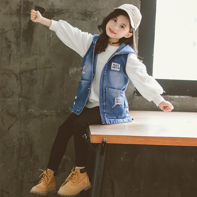 Детская одежда 2019 новый осенний джинсовый жилет с капюшоном для девочек модная