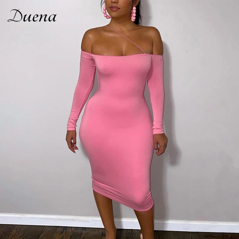 

Duena Sexy Sheath Midi Dress Off Shoulder Solid Stretchy Long Sleeve Fashion Party Autumn Women Dress