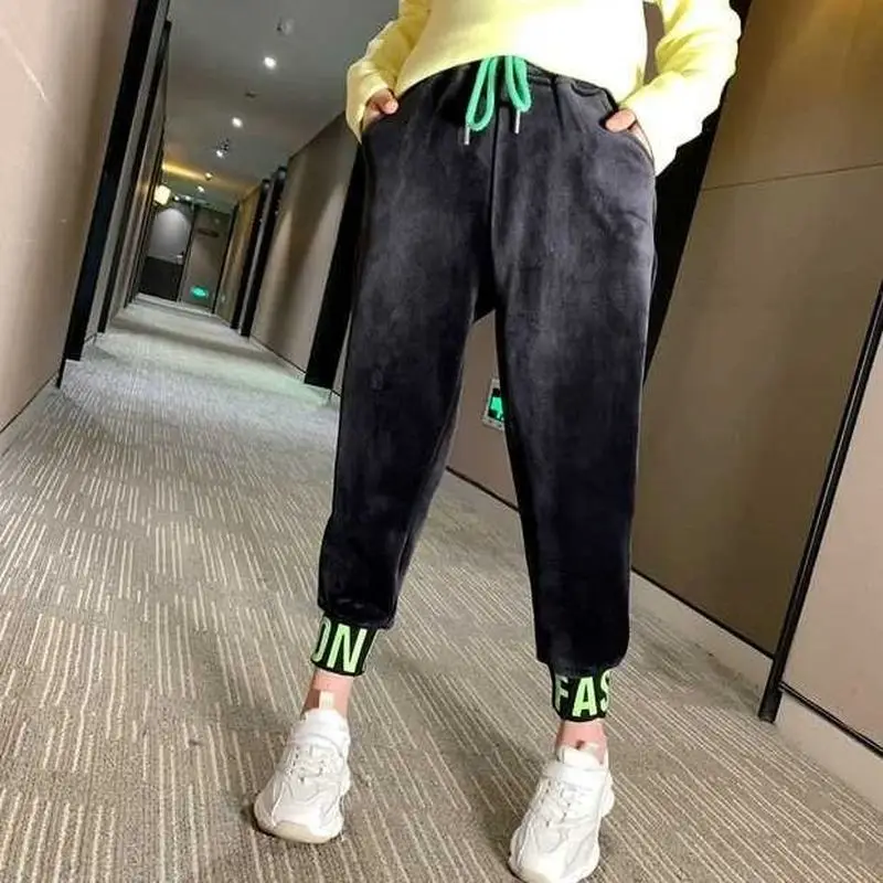 

Girl Thicken Trousers Autumn and Winter Big Children's Clothes Korean Sports Pant Boys and Girls Loose Warm Casual Pants 13 Year
