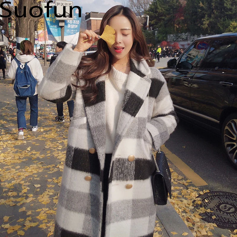 

2021 Korean Mid Long Autumn Winter Big Lapel High Quality Woolen Coat Black And White Plaid Student Thickened Warm Woolen Coats