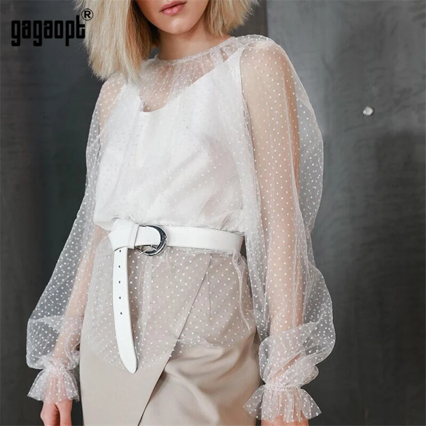 Женские сетчатые Топы в горошек Gagaopt осенние Рубашки с круглым вырезом вечерние