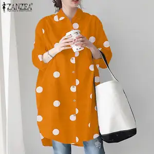 ZANZEA Autumn Women Full Sleeved Blouse Buttons Down Baggy Shirt Loose Polka Dots printed Casual Fas