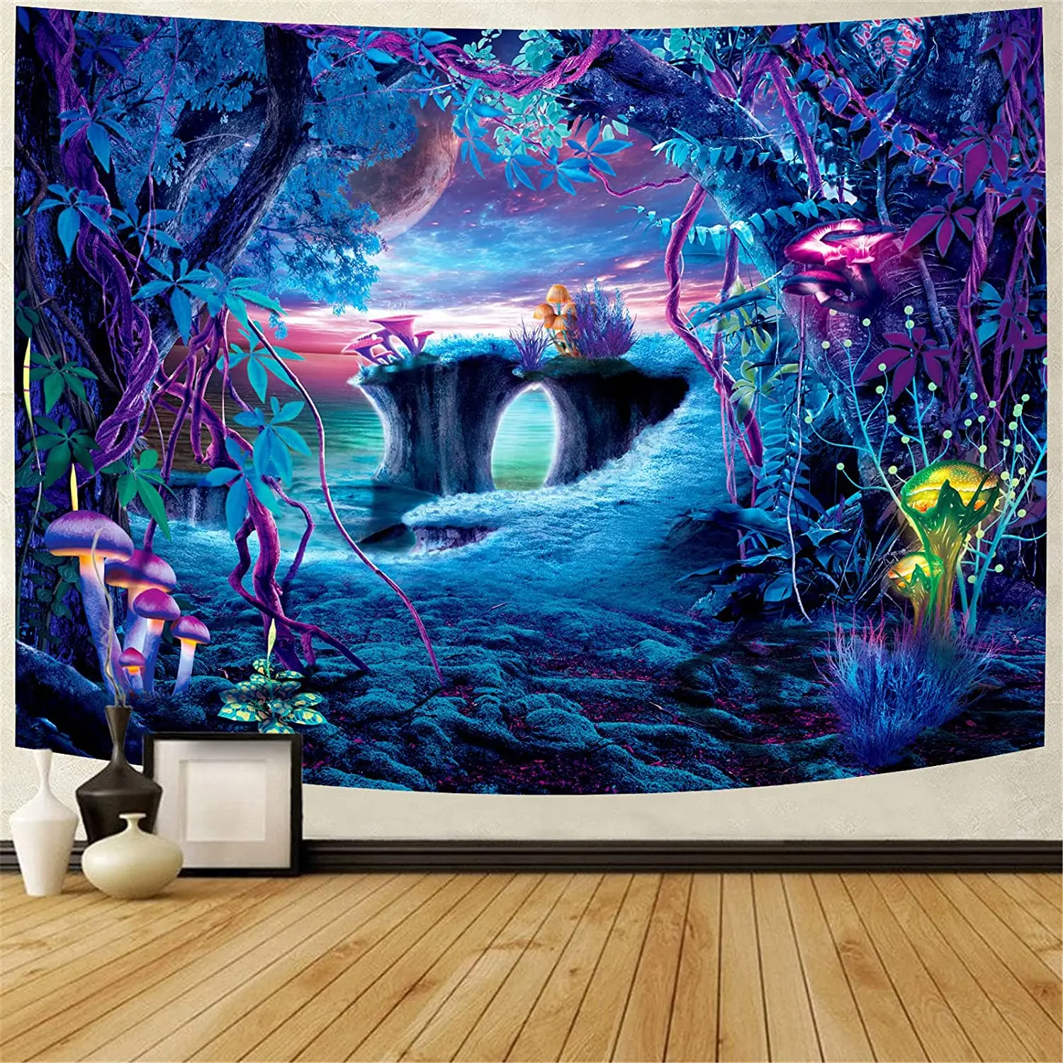 

Fantasy Trees Cave Tapestry Psychedelic Mushroom Trippy Ocean Fairy World Mysterious Landscape Wall Hanging