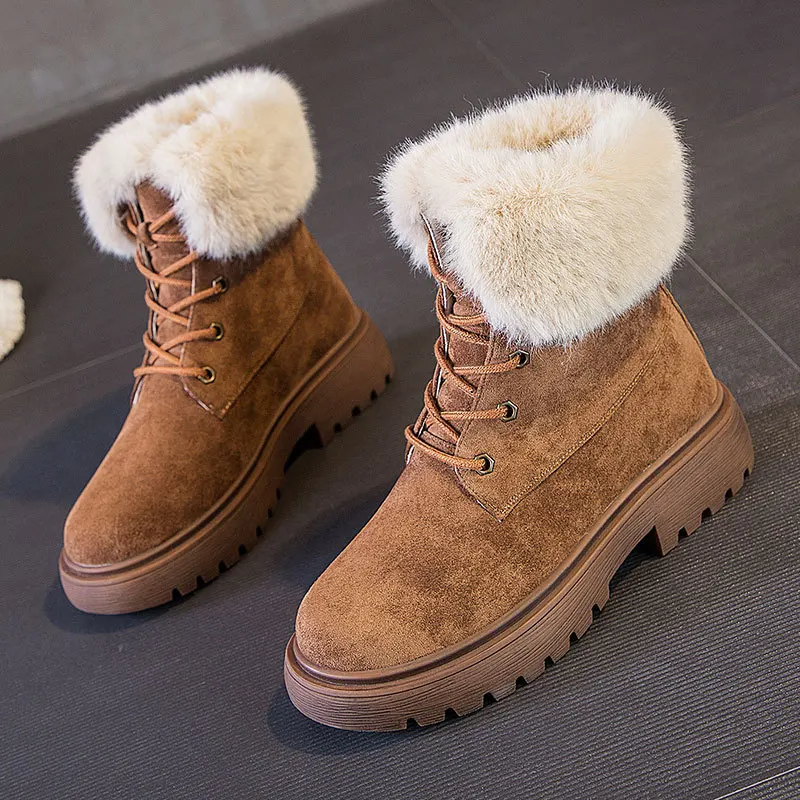 

Women Winter Snow Boots Warm Flat Plus Size Platform Lace Up Ladies Women's Shoes New Flock Fur Suede Ankle Boots Female