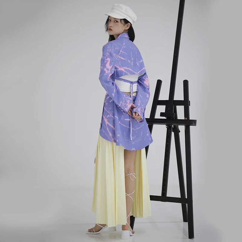 [EAM] Женский блейзер свободного покроя с синим принтом отворотом длинным рукавом