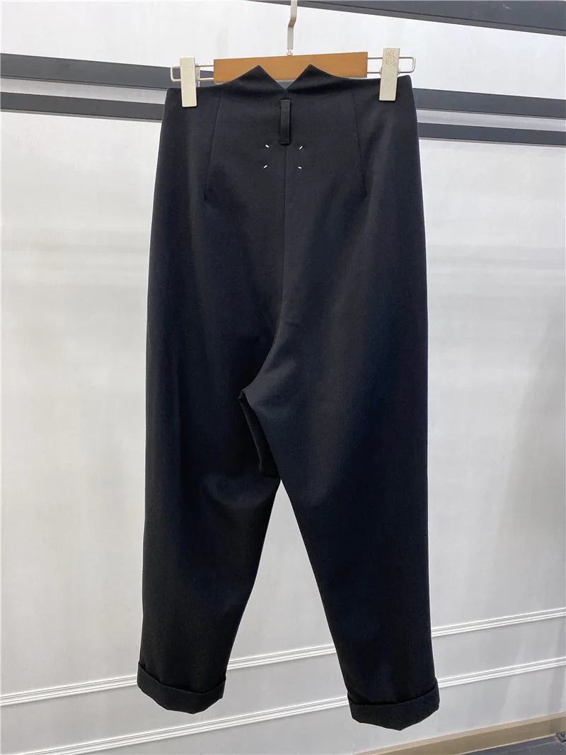 Women Pants Solid Color Ankle-length Rolled Office Lady Trousers with Pockets