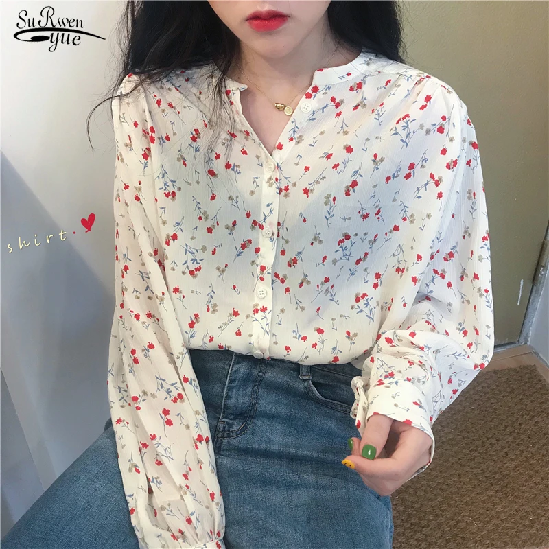 

2021 Brief Chic OL Shirt Girls Korean Loose Stand Floral Cute Sweet Loose Women Blouses Basic Femme Blusas Camisas Mujer 10148