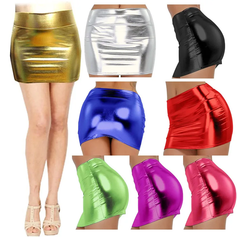 Women Latex Shinning Metalic Bright Package Hip Skirt  Nightclub Stage Mini Short Fitted Colorful Sexy Pencil Skirts