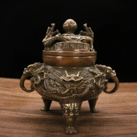 8chinese folk collection old bronze kowloon universe furnace two dragon play beads incense burner gather wealth office ornament