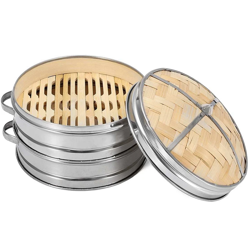 

2 Tier 20Cm Bamboo Steamer Basket With Cover Cookware Kitchen For Dumpling Fish Rice Vegetable Pasta Chinese Heating Steaming Ba