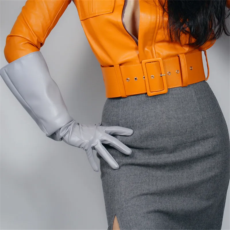 PU Light Grey 50 см, длинные перчатки из лакированной кожи, с большим рукавом, с рукавом-фонариком, из имитирующей кожи, яркие, розовые, красные, женские, WPU12-50W - Цвет: PU Light Grey