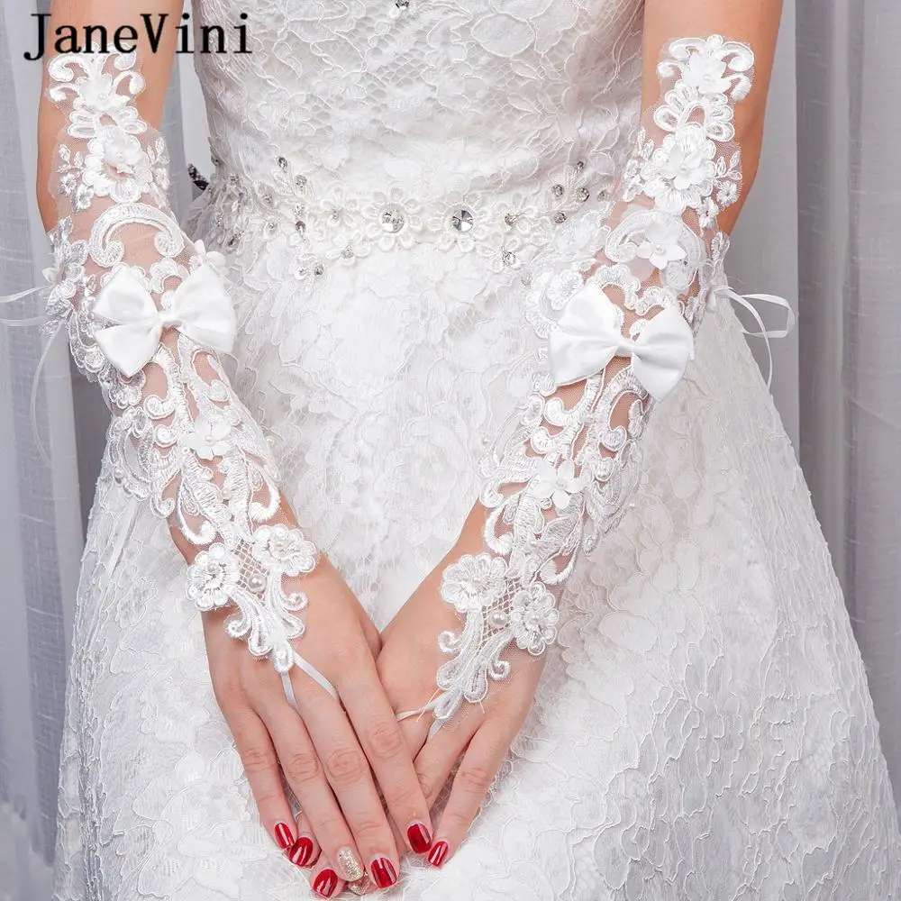 JaneVini 2019 New Elegant Bridal White Fingerless Gloves Lace Elbow Length Appliques Pearls Long Women Party Wedding Accessories | Свадьбы и
