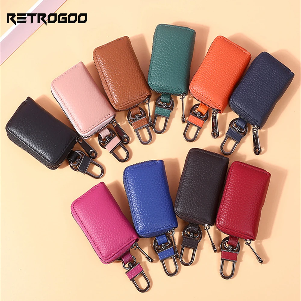 RETROGOO Genuine Leather Car Key Holders Men Key Organizer Housekeeper Covers Women Cute Zipper Key Case High Quality Key Bags