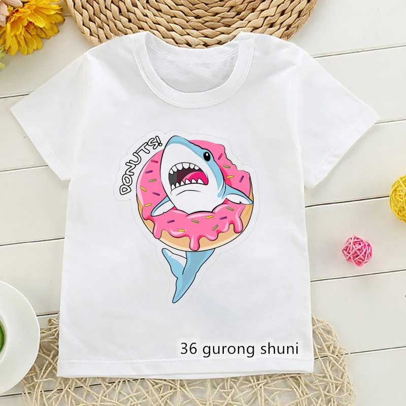 Забавная футболка для мальчиков одежда с мультяшным принтом пончика акулы