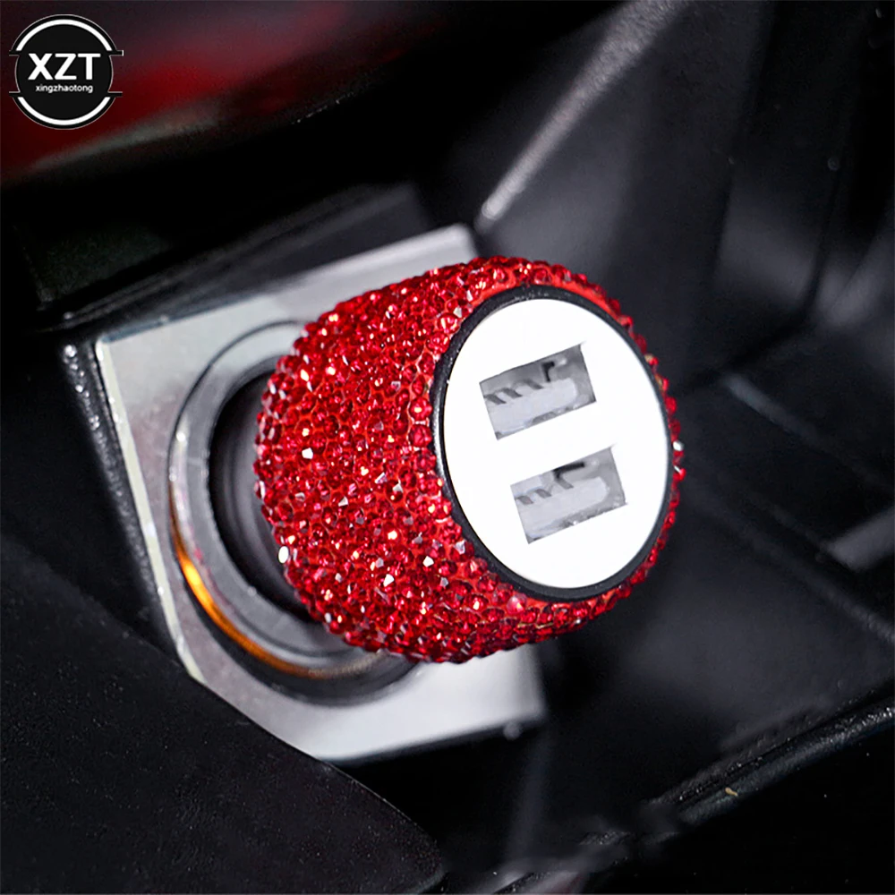 diamond mounted car phone safety hammer charger dual usb fast charged diamond car phone aluminum alloy car charger 6 color free global shipping