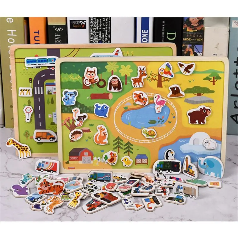 

W3JF New Wooden Magnetic Puzzle Animal and Traffic Vehicle Game Children Baby Early Educational Learning Toys Jigsaw Puzzles