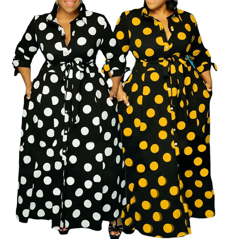 

2022 Dress Women Plus Size Loose Long Dress with Lacing Up Dots Bohemian Ladies Shirt Dress Maxi Elegance Wholesale Dropshipping