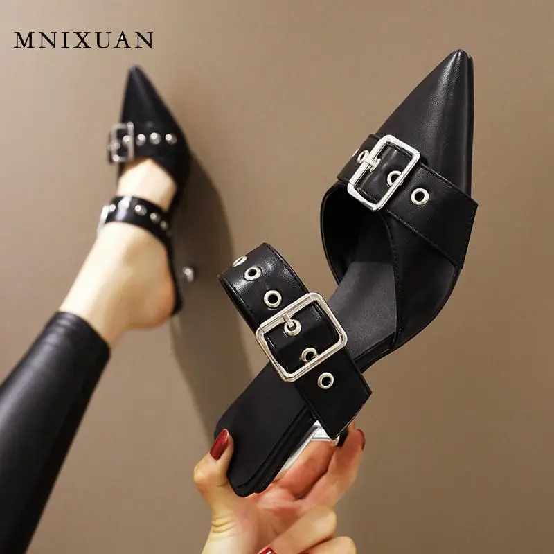 MNIXUAN Classics women mules slippers summer outdoor 2020 new covered pointed toe pumps high heels buckle sandals size 46 | Обувь