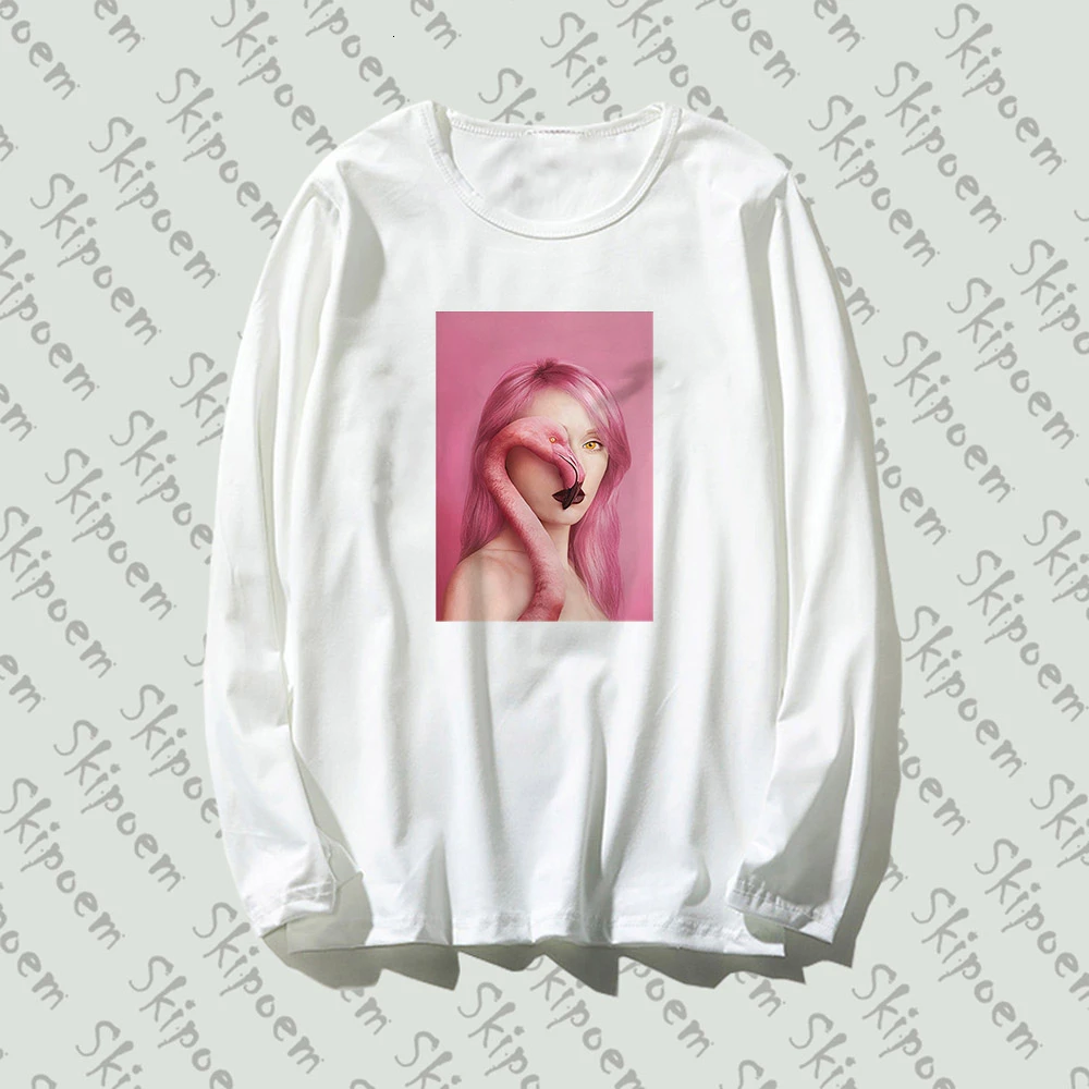 Flamingo With Sexy Woman Tshirt Women Tumblr Harajuku Gothic Korean Style Punk Long Sleeve Cotton Plus Size Top Tees Streetwear | Женская