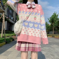 deeptown kawaii korean style pink strawberry print sweater women preppy fashion cute oversize jumper female sweet girl tops