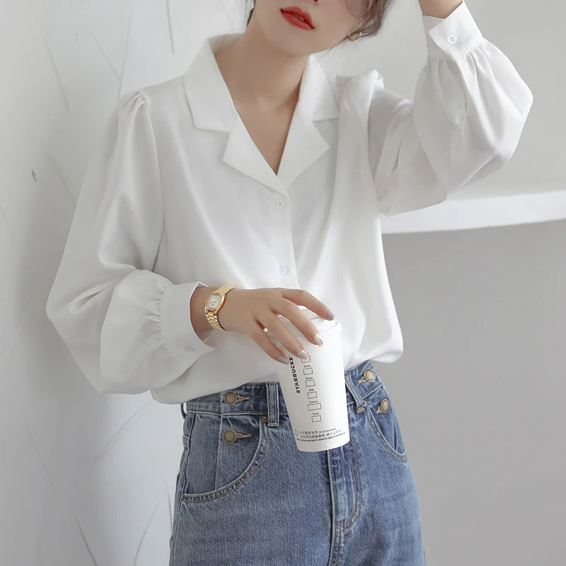 

New styleWhite Blouse Women 2021 Sleeve Single-breasted Shirts Female Plus Size Turn-down Elegant Blouse Office Women clothing