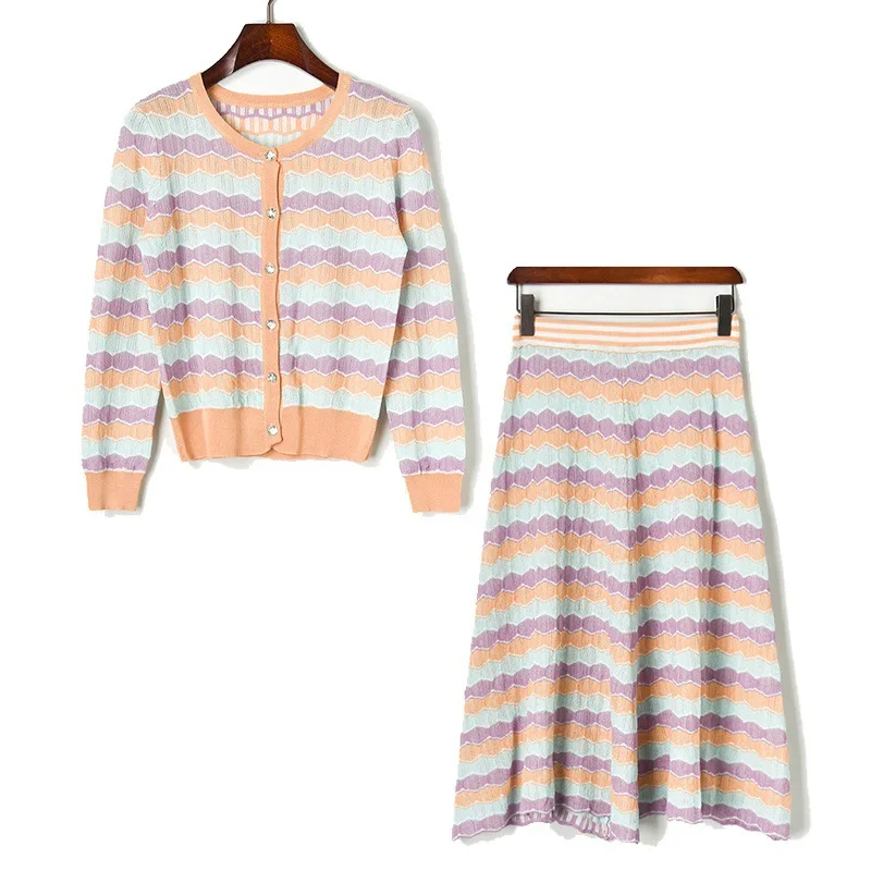 Вязаный женский комплект из 2 предметов 2019 Осенняя популярная цветная полоска