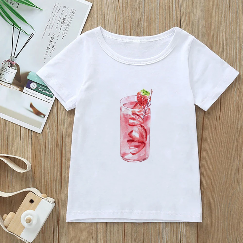 

Sweet Soft Girl Clothes Strawberry Juice Print Novelty 2022 Tshirt for Kids Short Sleeve Urban Casual Clothes Plus Size Harajuku
