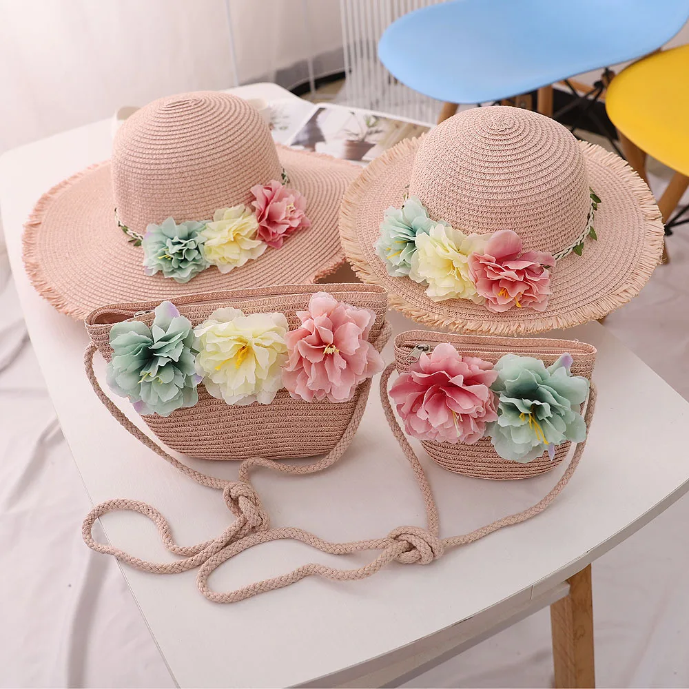 

Parent-Child 2021 New Summer Children Straw Hat sweet Flowers Female Girls Sun Hat Baby Beach Visor Hat Straw Bag Two-Piece Sets