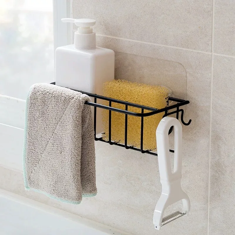 

BalleenShiny Iron Wall-mounted Sink Rack Sink Rag Rack Drain Rack Kitchen Non-perforated Sink Rack Sponge Storage Rack