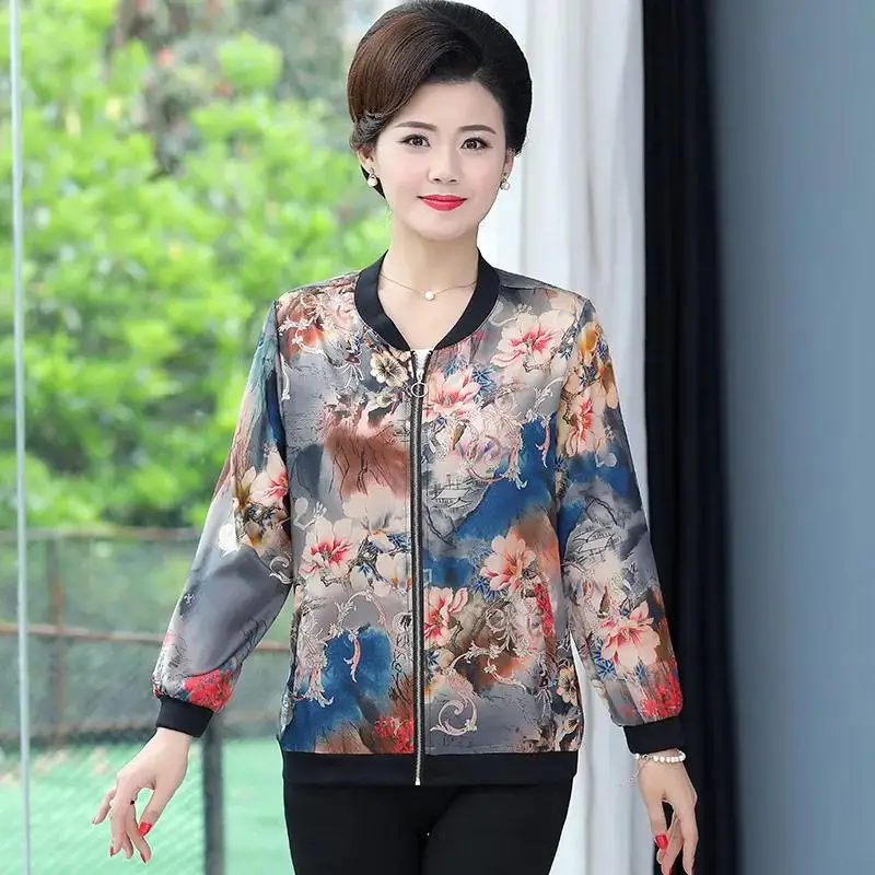 Куртка-бомбер женская с длинным рукавом пиджак на молнии цветочным принтом