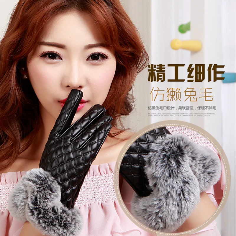 

Fashion Women's Glove Winter Warm Black grid Leather Touchscreen Lady Mittens Outdoor Driving Gloves
