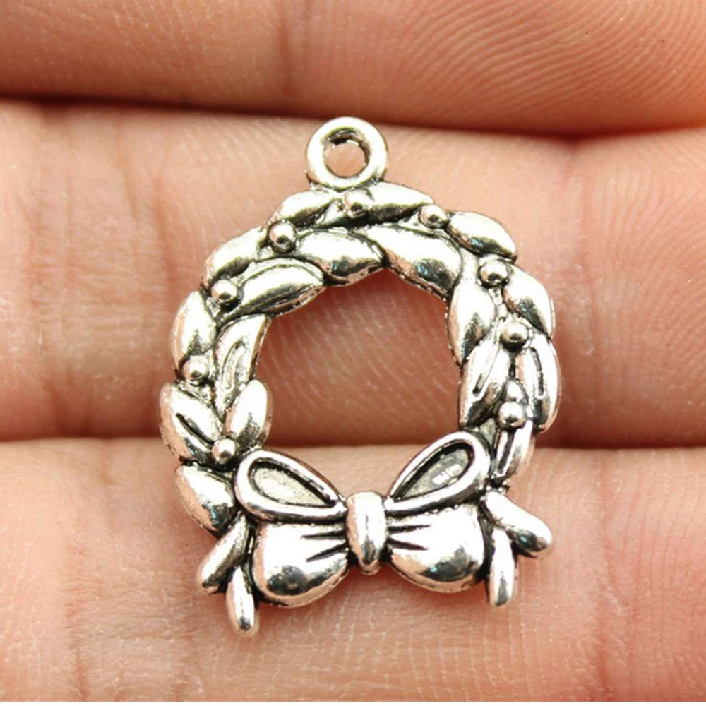 

WYSIWYG 10pcs/lot 25x19mm Bow Circle Charms Pendant For Jewelry Making Antique Silver Color Alloy Charms