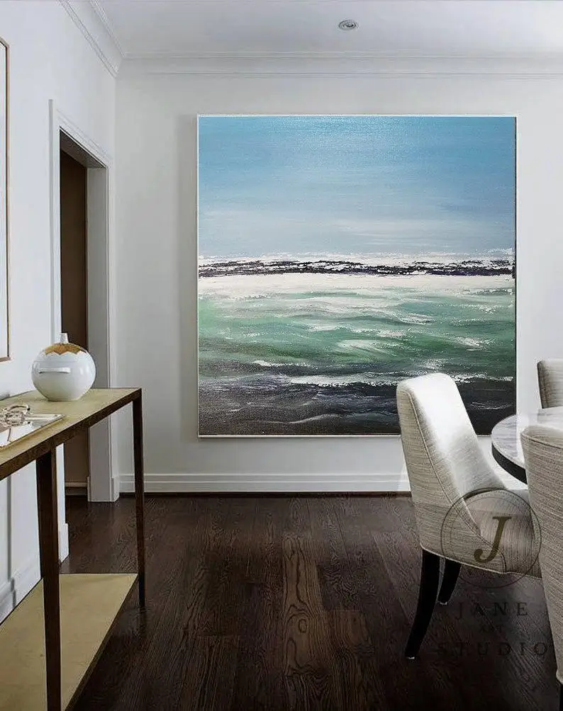

Original Green Sea Level Painting On Canvas,Large Abstract Art Oil Painting,Blue Sky Landscape Oil painting,Sofa Wall Art ,Decor