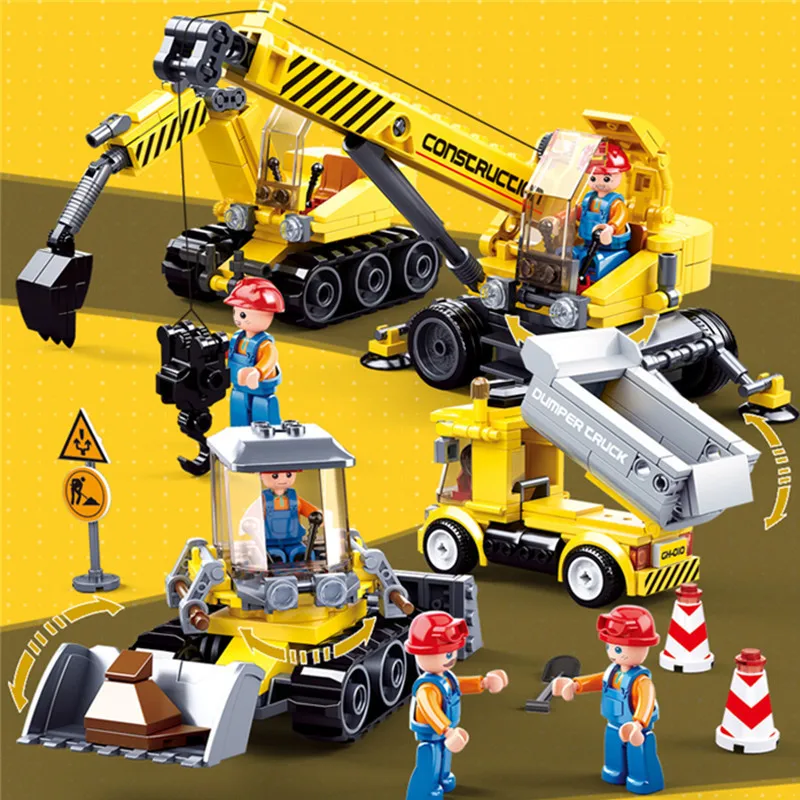 

465PCS Sluban Building Block 0810 Construction Machinery Set Crane Excavator Forklift Assembly Model Assembling Toy Gift