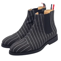 winter high top black ankle boots genuine leather fashion stripe cotton men boots male elastic cord chelsea boots for men