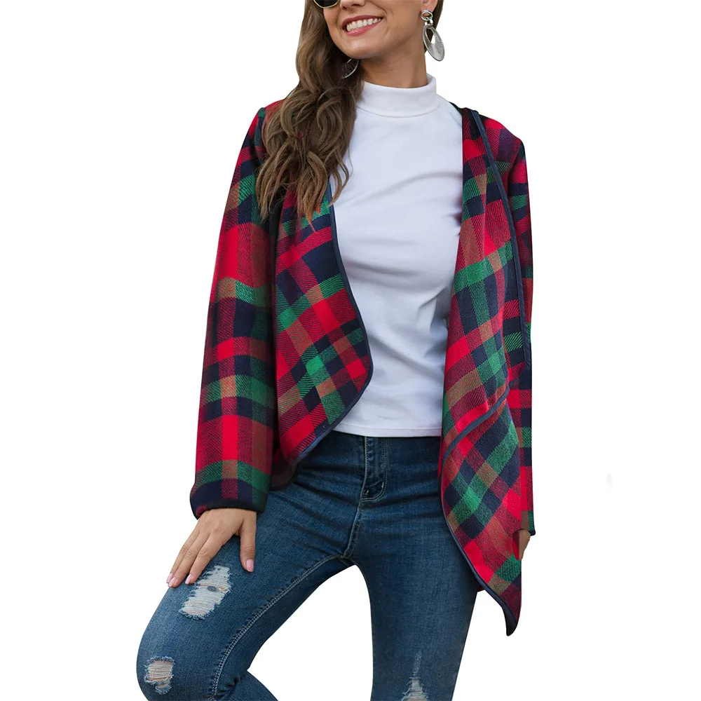 

Casual Spring Women Coat Fashion Plaid Turn Down Collar Trench Casual Long Sleeve Plaid Print Wrap Belted Short Coat