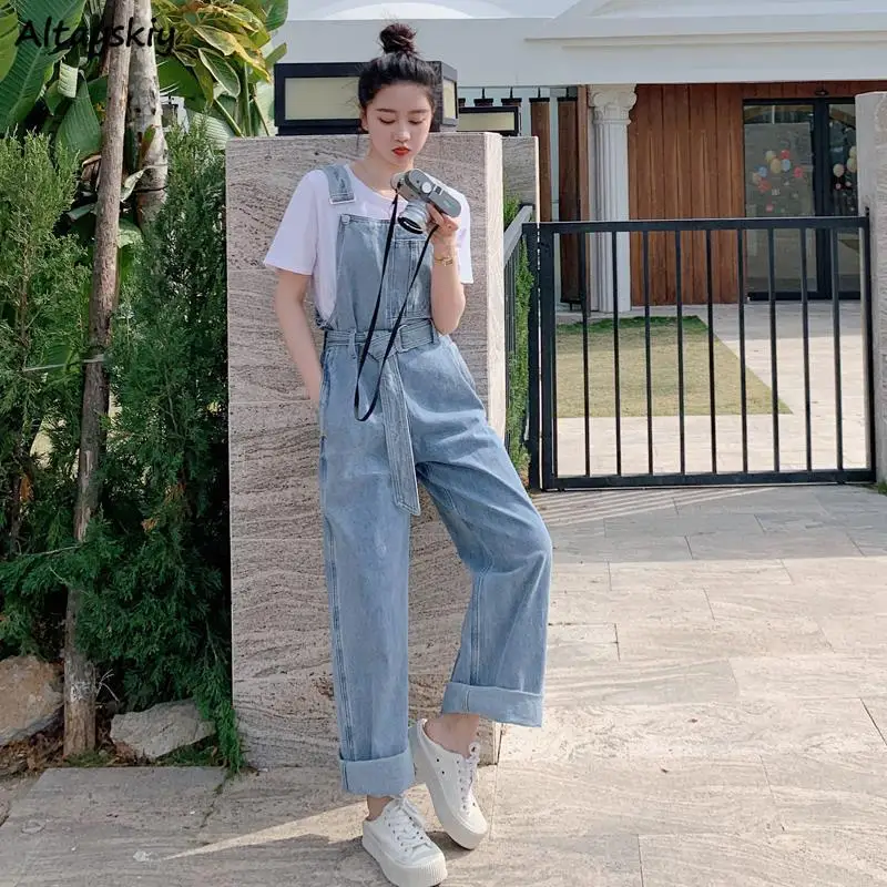 

Jumpsuits Women Loose Streetwear Pockets New All-match Blue Denim Full Length Korean Style Fashion Teenagers Solid Casual Female