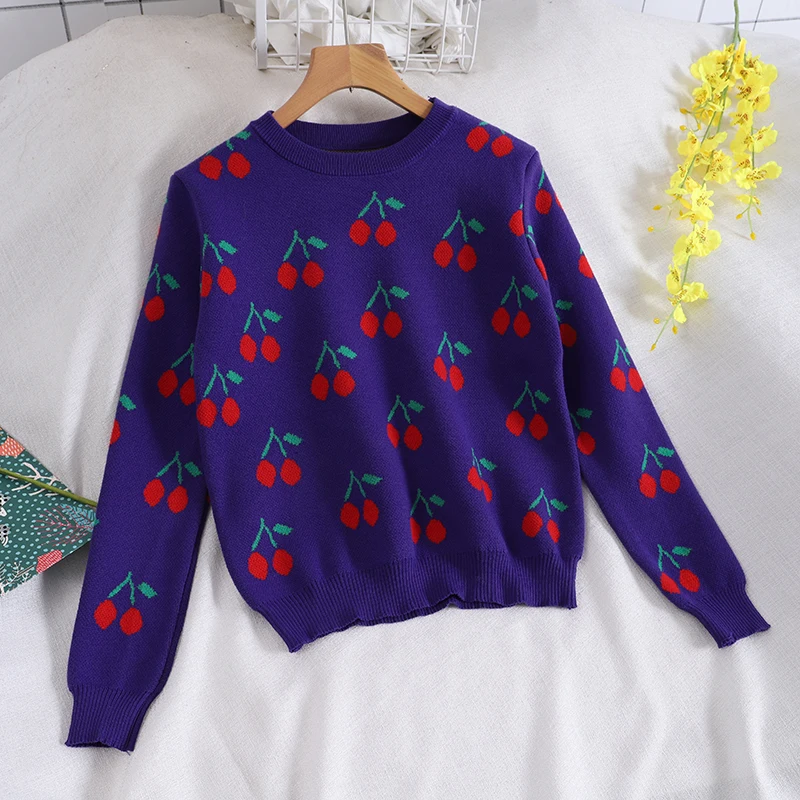 Осенне-зимний женский милый элегантный стиль с принтом вишни, Свободный вязаный свитер, женский модный шикарный пуловер с круглым вырезом, ... от AliExpress WW